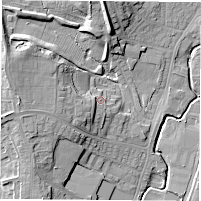 Shaded relief map of the ground around NG68DT, computed from Environment Agency LiDAR. The ground here sits at about 55 m above sea level and falls 21 m across the surrounding 800 m. Surface water reaching this point runs off ground lying to the south-west, 5.7 m higher.