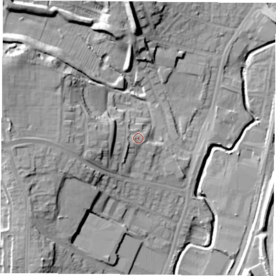 Shaded relief map of the ground around NG68DU, computed from Environment Agency LiDAR. The ground here sits at about 53 m above sea level and falls 21 m across the surrounding 800 m. Surface water reaching this point runs off ground lying to the west-south-west, 2.8 m higher.