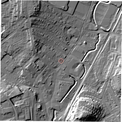 Shaded relief map of the ground around NG68ED, computed from Environment Agency LiDAR. The ground here sits at about 46 m above sea level and falls 20 m across the surrounding 800 m. Surface water reaching this point runs off ground lying to the north-west, 2.2 m higher.