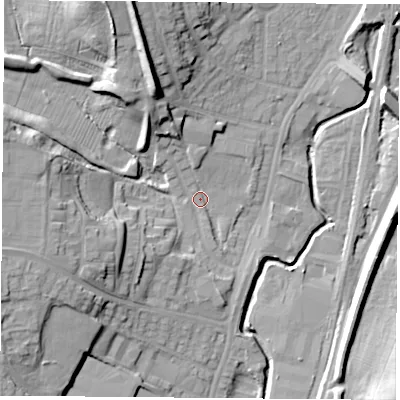 Shaded relief map of the ground around NG68EE, computed from Environment Agency LiDAR. The ground here sits at about 50 m above sea level and falls 21 m across the surrounding 800 m. Surface water reaching this point runs off ground lying to the north-north-west, 18.4 m higher.