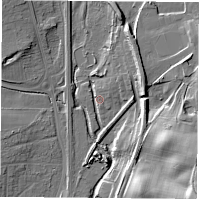 Shaded relief map of the ground around NG68EF, computed from Environment Agency LiDAR. The ground here sits at about 54 m above sea level and falls 28 m across the surrounding 800 m. Surface water reaching this point runs off ground lying to the north-east, 6.0 m higher.
