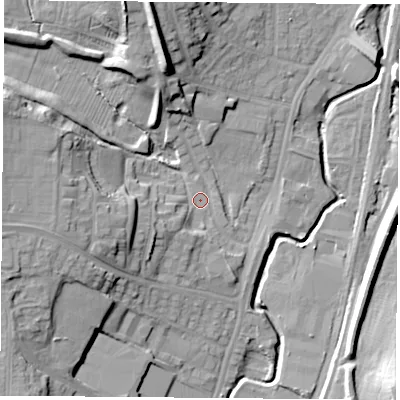 Shaded relief map of the ground around NG68EG, computed from Environment Agency LiDAR. The ground here sits at about 50 m above sea level and falls 21 m across the surrounding 800 m. Surface water reaching this point runs off ground lying to the south-west, 4.6 m higher.