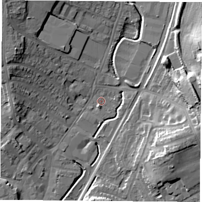 Shaded relief map of the ground around NG68EH, computed from Environment Agency LiDAR. The ground here sits at about 45 m above sea level and falls 23 m across the surrounding 800 m. Surface water reaching this point runs off ground lying to the west-north-west, 15.2 m higher.