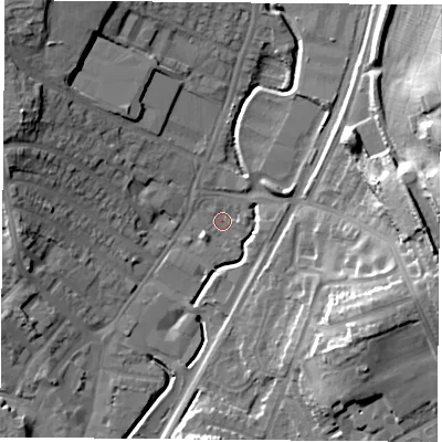Shaded relief map of the ground around NG68EJ, computed from Environment Agency LiDAR. The ground here sits at about 46 m above sea level and falls 24 m across the surrounding 800 m. Surface water reaching this point runs off ground lying to the west-north-west, 15.2 m higher.