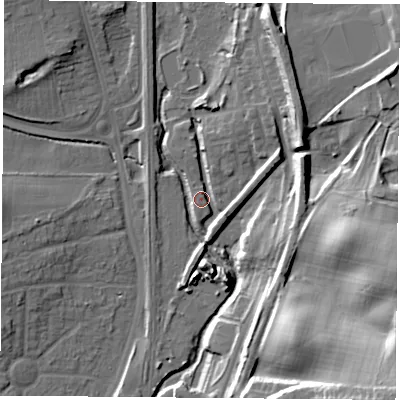 Shaded relief map of the ground around NG68EL, computed from Environment Agency LiDAR. The ground here sits at about 52 m above sea level and falls 32 m across the surrounding 800 m. Surface water reaching this point runs off ground lying to the north-east, 7.4 m higher.