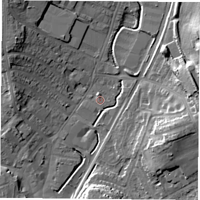 Shaded relief map of the ground around NG68EN, computed from Environment Agency LiDAR. The ground here sits at about 46 m above sea level and falls 23 m across the surrounding 800 m. Surface water reaching this point runs off ground lying to the north-north-west, 2.9 m higher.