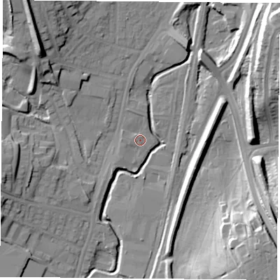 Shaded relief map of the ground around NG68EP, computed from Environment Agency LiDAR. The ground here sits at about 49 m above sea level and falls 26 m across the surrounding 800 m. Surface water reaching this point runs off ground lying to the north-west, 18.1 m higher.