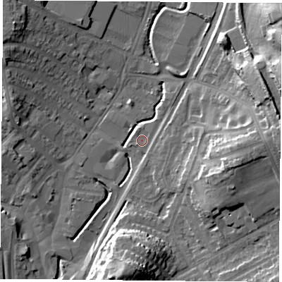 Shaded relief map of the ground around NG68EQ, computed from Environment Agency LiDAR. The ground here sits at about 46 m above sea level and falls 26 m across the surrounding 800 m. Surface water reaching this point runs off ground lying to the north-east, 2.0 m higher.
