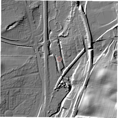 Shaded relief map of the ground around NG68ES, computed from Environment Agency LiDAR. The ground here sits at about 52 m above sea level and falls 30 m across the surrounding 800 m. Surface water reaching this point runs off ground lying to the north-east, 14.2 m higher.
