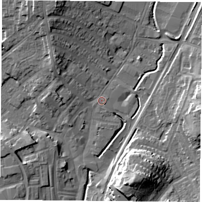 Shaded relief map of the ground around NG68ET, computed from Environment Agency LiDAR. The ground here sits at about 46 m above sea level and falls 20 m across the surrounding 800 m. Surface water reaching this point runs off ground lying to the west-north-west, 4.8 m higher.