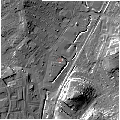 Shaded relief map of the ground around NG68EU, computed from Environment Agency LiDAR. The ground here sits at about 45 m above sea level and falls 20 m across the surrounding 800 m. Surface water reaching this point runs off ground lying to the north-north-west, 13.2 m higher.