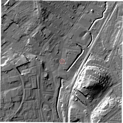 Shaded relief map of the ground around NG68EW, computed from Environment Agency LiDAR. The ground here sits at about 45 m above sea level and falls 20 m across the surrounding 800 m. Surface water reaching this point runs off ground lying to the north-north-west, 8.7 m higher.