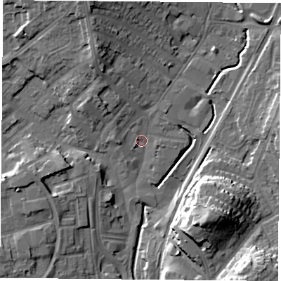 Shaded relief map of the ground around NG68EZ, computed from Environment Agency LiDAR. The ground here sits at about 45 m above sea level and falls 20 m across the surrounding 800 m. Surface water reaching this point runs off ground lying to the north-north-west, 8.0 m higher.