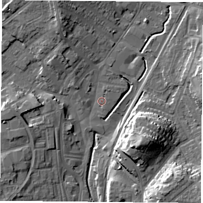 Shaded relief map of the ground around NG68FB, computed from Environment Agency LiDAR. The ground here sits at about 45 m above sea level and falls 20 m across the surrounding 800 m. Surface water reaching this point runs off ground lying to the north-east, 1.4 m higher.