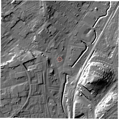 Shaded relief map of the ground around NG68FE, computed from Environment Agency LiDAR. The ground here sits at about 45 m above sea level and falls 20 m across the surrounding 800 m. Surface water reaching this point runs off ground lying to the north-north-east, 1.6 m higher.