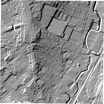 Shaded relief map of the ground around NG68GP, computed from Environment Agency LiDAR. The ground here sits at about 50 m above sea level and falls 18 m across the surrounding 800 m. Surface water reaching this point runs off ground lying to the north-west, 10.4 m higher.