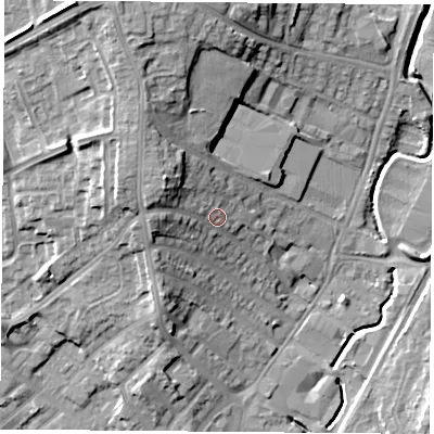 Shaded relief map of the ground around NG68GQ, computed from Environment Agency LiDAR. The ground here sits at about 52 m above sea level and falls 18 m across the surrounding 800 m. Surface water reaching this point runs off ground lying to the north-west, 8.0 m higher.