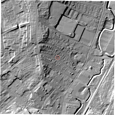 Shaded relief map of the ground around NG68GR, computed from Environment Agency LiDAR. The ground here sits at about 49 m above sea level and falls 18 m across the surrounding 800 m. Surface water reaching this point runs off ground lying to the west-north-west, 8.0 m higher.