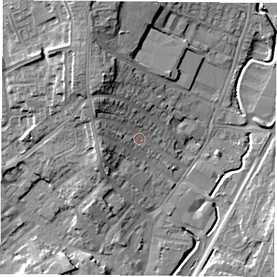 Shaded relief map of the ground around NG68GS, computed from Environment Agency LiDAR. The ground here sits at about 49 m above sea level and falls 17 m across the surrounding 800 m. Surface water reaching this point runs off ground lying to the north-west, 8.5 m higher.