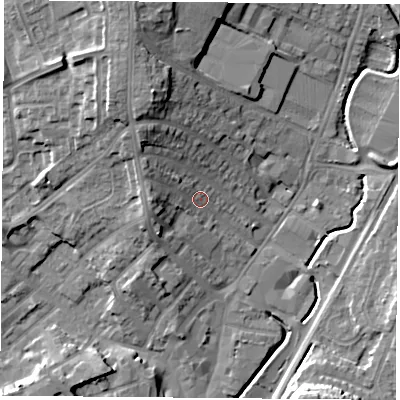 Shaded relief map of the ground around NG68GU, computed from Environment Agency LiDAR. The ground here sits at about 49 m above sea level and falls 17 m across the surrounding 800 m. Surface water reaching this point runs off ground lying to the north-west, 6.5 m higher.