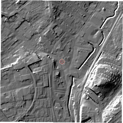 Shaded relief map of the ground around NG68HA, computed from Environment Agency LiDAR. The ground here sits at about 44 m above sea level and falls 20 m across the surrounding 800 m. Surface water reaching this point runs off ground lying to the north, 9.7 m higher.