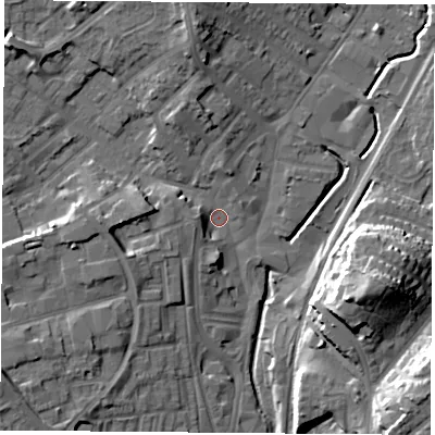 Shaded relief map of the ground around NG68HD, computed from Environment Agency LiDAR. The ground here sits at about 44 m above sea level and falls 20 m across the surrounding 800 m. Surface water reaching this point runs off ground lying to the north, 9.7 m higher.