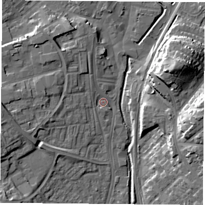 Shaded relief map of the ground around NG68HX, computed from Environment Agency LiDAR. The ground here sits at about 43 m above sea level and falls 21 m across the surrounding 800 m. Surface water reaching this point runs off ground lying to the west, 11.0 m higher.