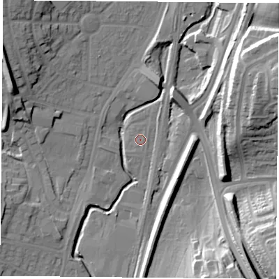 Shaded relief map of the ground around NG68NB, computed from Environment Agency LiDAR. The ground here sits at about 49 m above sea level and falls 29 m across the surrounding 800 m. Surface water reaching this point runs off ground lying to the north, 0.7 m higher.