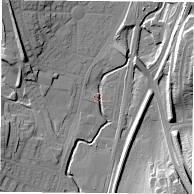 Shaded relief map of the ground around NG68NJ, computed from Environment Agency LiDAR. The ground here sits at about 50 m above sea level and falls 26 m across the surrounding 800 m. Surface water reaching this point runs off ground lying to the north-east, 9.4 m higher.
