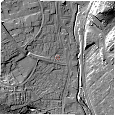 Shaded relief map of the ground around NG68NL, computed from Environment Agency LiDAR. The ground here sits at about 44 m above sea level and falls 22 m across the surrounding 800 m. Surface water reaching this point runs off ground lying to the west-north-west, 7.8 m higher.