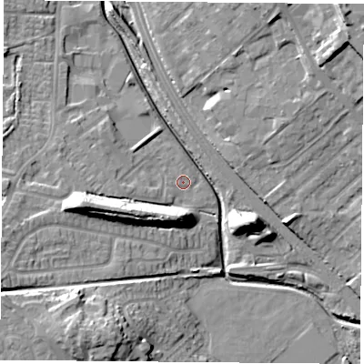 Shaded relief map of the ground around NG68PB, computed from Environment Agency LiDAR. The ground here sits at about 42 m above sea level and falls 18 m across the surrounding 800 m. Surface water reaching this point runs off ground lying to the south-west, 1.6 m higher.