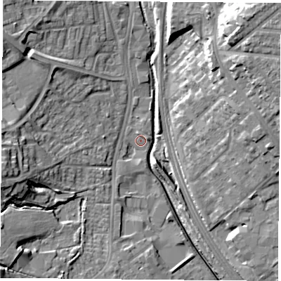 Shaded relief map of the ground around NG68PR, computed from Environment Agency LiDAR. The ground here sits at about 42 m above sea level and falls 20 m across the surrounding 800 m. Surface water reaching this point runs off ground lying to the west-south-west, 15.2 m higher.