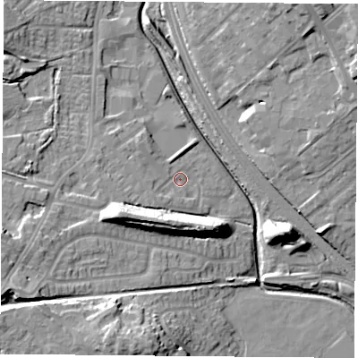 Shaded relief map of the ground around NG68PX, computed from Environment Agency LiDAR. The ground here sits at about 42 m above sea level and falls 18 m across the surrounding 800 m. Surface water reaching this point runs off ground lying to the south-west, 3.6 m higher.
