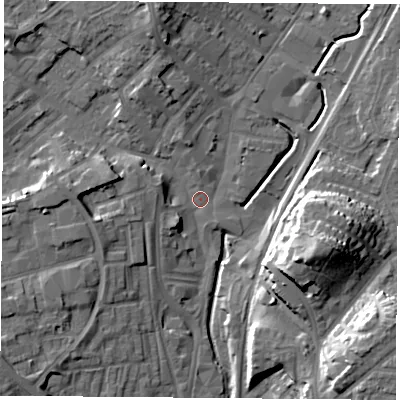 Shaded relief map of the ground around NG68QA, computed from Environment Agency LiDAR. The ground here sits at about 44 m above sea level and falls 20 m across the surrounding 800 m. Surface water reaching this point runs off ground lying to the north-north-west, 9.5 m higher.
