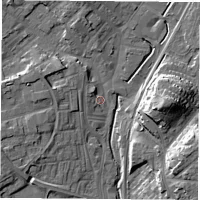 Shaded relief map of the ground around NG68QD, computed from Environment Agency LiDAR. The ground here sits at about 44 m above sea level and falls 21 m across the surrounding 800 m. Surface water reaching this point runs off ground lying to the north, 8.6 m higher.