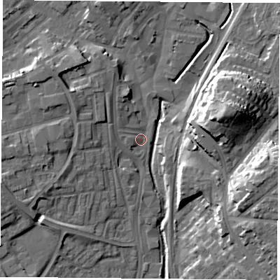Shaded relief map of the ground around NG68QF, computed from Environment Agency LiDAR. The ground here sits at about 43 m above sea level and falls 21 m across the surrounding 800 m. Surface water reaching this point runs off ground lying to the north, 7.6 m higher.