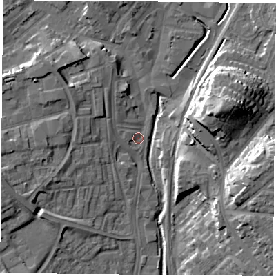 Shaded relief map of the ground around NG68QG, computed from Environment Agency LiDAR. The ground here sits at about 43 m above sea level and falls 21 m across the surrounding 800 m. Surface water reaching this point runs off ground lying to the north-north-west, 7.1 m higher.