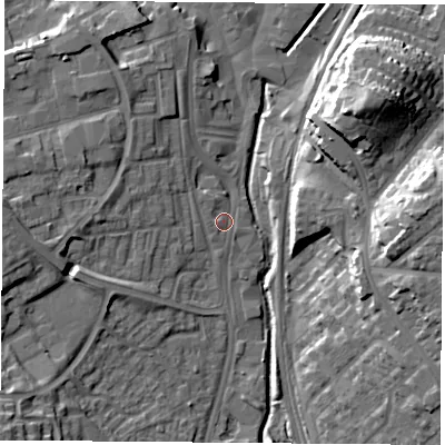 Shaded relief map of the ground around NG68QH, computed from Environment Agency LiDAR. The ground here sits at about 43 m above sea level and falls 22 m across the surrounding 800 m. Surface water reaching this point runs off ground lying to the west-north-west, 1.5 m higher.