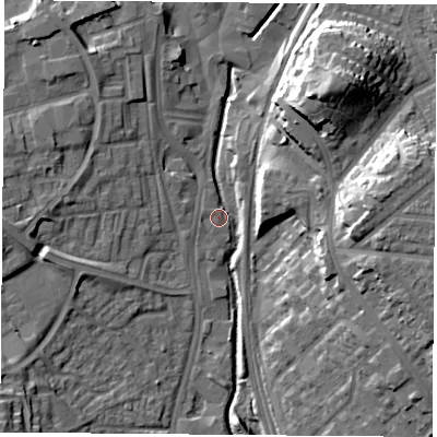 Shaded relief map of the ground around NG68QJ, computed from Environment Agency LiDAR. The ground here sits at about 43 m above sea level and falls 22 m across the surrounding 800 m. Surface water reaching this point runs off ground lying to the north-east, 20.1 m higher.