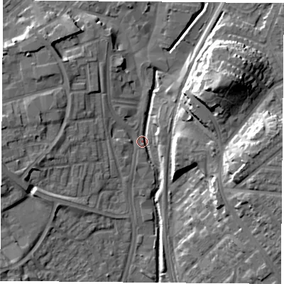 Shaded relief map of the ground around NG68QL, computed from Environment Agency LiDAR. The ground here sits at about 42 m above sea level and falls 21 m across the surrounding 800 m. Surface water reaching this point runs off ground lying to the north-east, 20.1 m higher.