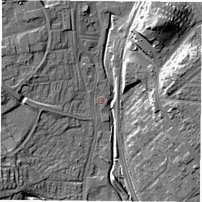 Shaded relief map of the ground around NG68QN, computed from Environment Agency LiDAR. The ground here sits at about 43 m above sea level and falls 22 m across the surrounding 800 m. Surface water reaching this point runs off ground lying to the north-north-west, 0.9 m higher.