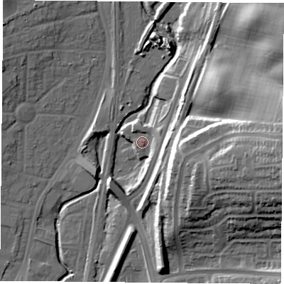 Shaded relief map of the ground around NG68QS, computed from Environment Agency LiDAR. The ground here sits at about 53 m above sea level and falls 35 m across the surrounding 800 m. Surface water reaching this point runs off ground lying to the east-north-east, 3.9 m higher.