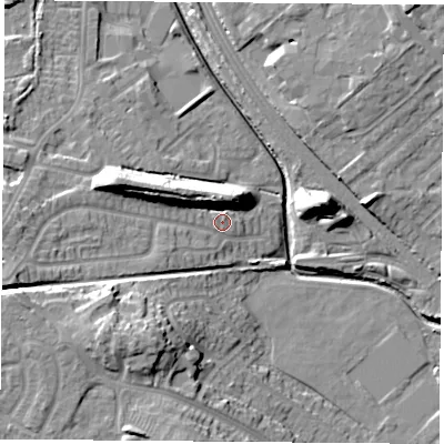 Shaded relief map of the ground around NG68QY, computed from Environment Agency LiDAR. The ground here sits at about 44 m above sea level and falls 18 m across the surrounding 800 m. Surface water reaching this point runs off ground lying to the west-north-west, 11.8 m higher.