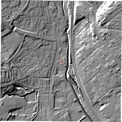 Shaded relief map of the ground around NG68RA, computed from Environment Agency LiDAR. The ground here sits at about 42 m above sea level and falls 20 m across the surrounding 800 m. Surface water reaching this point runs off ground lying to the west-south-west, 14.9 m higher.