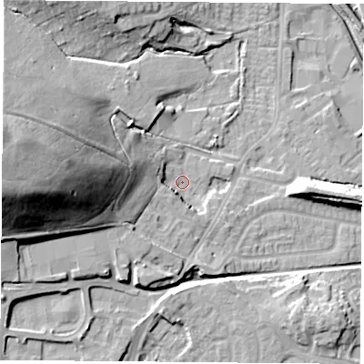 Shaded relief map of the ground around NG68RB, computed from Environment Agency LiDAR. The ground here sits at about 48 m above sea level and falls 49 m across the surrounding 800 m. Surface water reaching this point runs off ground lying to the west-north-west, 38.9 m higher.