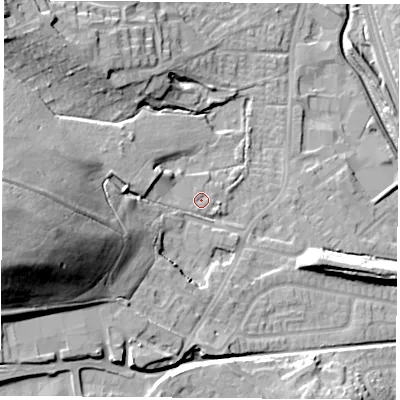 Shaded relief map of the ground around NG68RD, computed from Environment Agency LiDAR. The ground here sits at about 48 m above sea level and falls 47 m across the surrounding 800 m. Surface water reaching this point runs off ground lying to the west-south-west, 1.5 m higher.