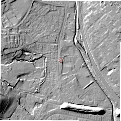 Shaded relief map of the ground around NG68RE, computed from Environment Agency LiDAR. The ground here sits at about 44 m above sea level and falls 30 m across the surrounding 800 m. Surface water reaching this point runs off ground lying to the west-south-west, 25.2 m higher.