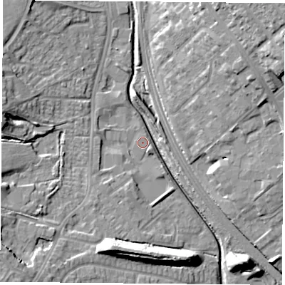 Shaded relief map of the ground around NG68RF, computed from Environment Agency LiDAR. The ground here sits at about 42 m above sea level and falls 19 m across the surrounding 800 m. Surface water reaching this point runs off ground lying to the south-south-west, 14.9 m higher.