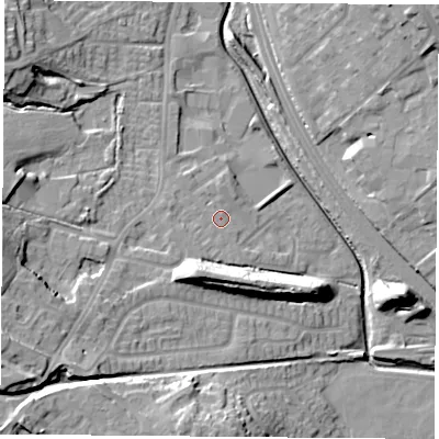 Shaded relief map of the ground around NG68RR, computed from Environment Agency LiDAR. The ground here sits at about 45 m above sea level and falls 19 m across the surrounding 800 m. Surface water reaching this point runs off ground lying to the south-south-west, 11.2 m higher.
