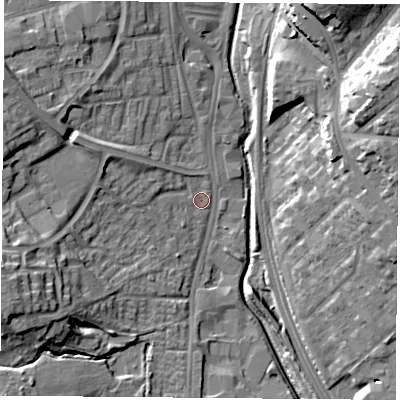 Shaded relief map of the ground around NG68RU, computed from Environment Agency LiDAR. The ground here sits at about 42 m above sea level and falls 20 m across the surrounding 800 m. Surface water reaching this point runs off ground lying to the west-north-west, 5.9 m higher.